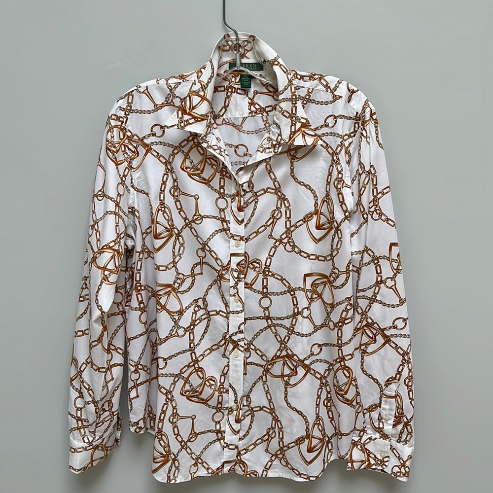 Lauren Ralph Lauren cotton blouse with equestrian design. Size XL. Good cond.
